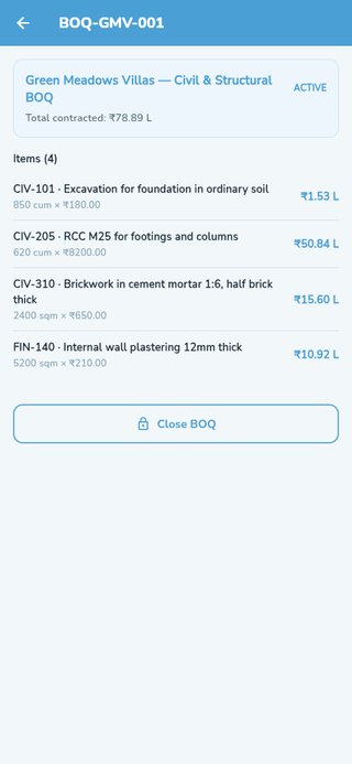 An active BOQ with contracted items, quantities and rates