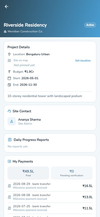 A client's view of their project — site contact, DPRs and payments
