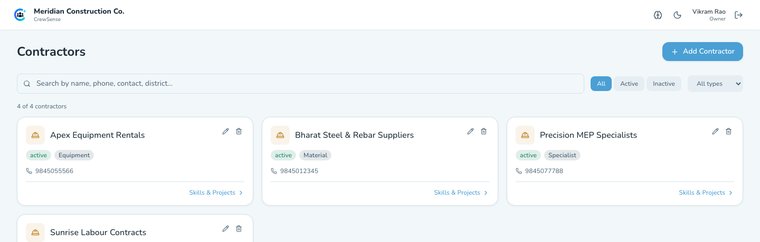 Contractor directory with type, status and contact details