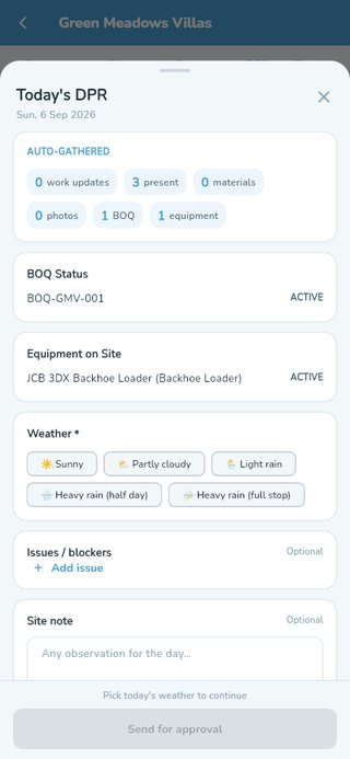 Generating today's DPR — auto-gathered attendance, BOQ and equipment