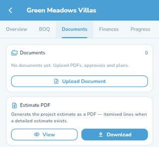 Project documents screen with upload and estimate PDF actions