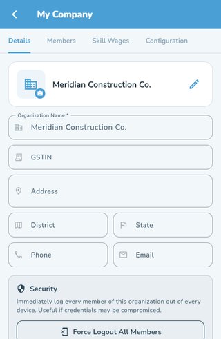 Organisation details — name, GSTIN, address and security controls