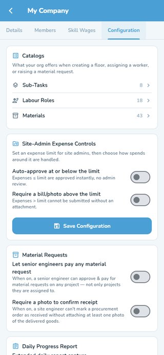 Org-wide catalogues: sub-tasks, labour roles and materials