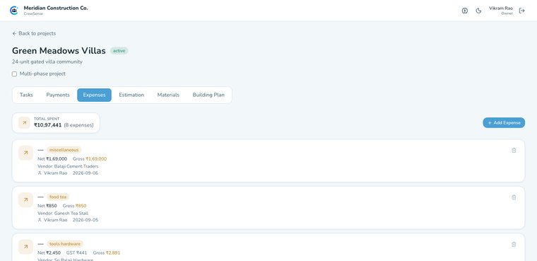 Project expenses by category with vendor and payment details