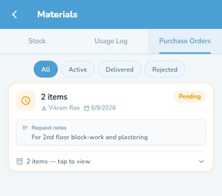 Purchase orders raised against an approved material request